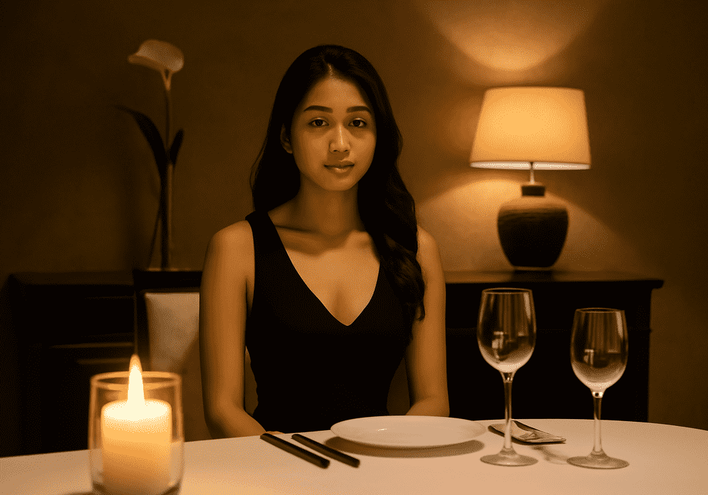 Woman in black dress sits at a table set for two.