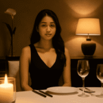 Woman in black dress sits at a table set for two.