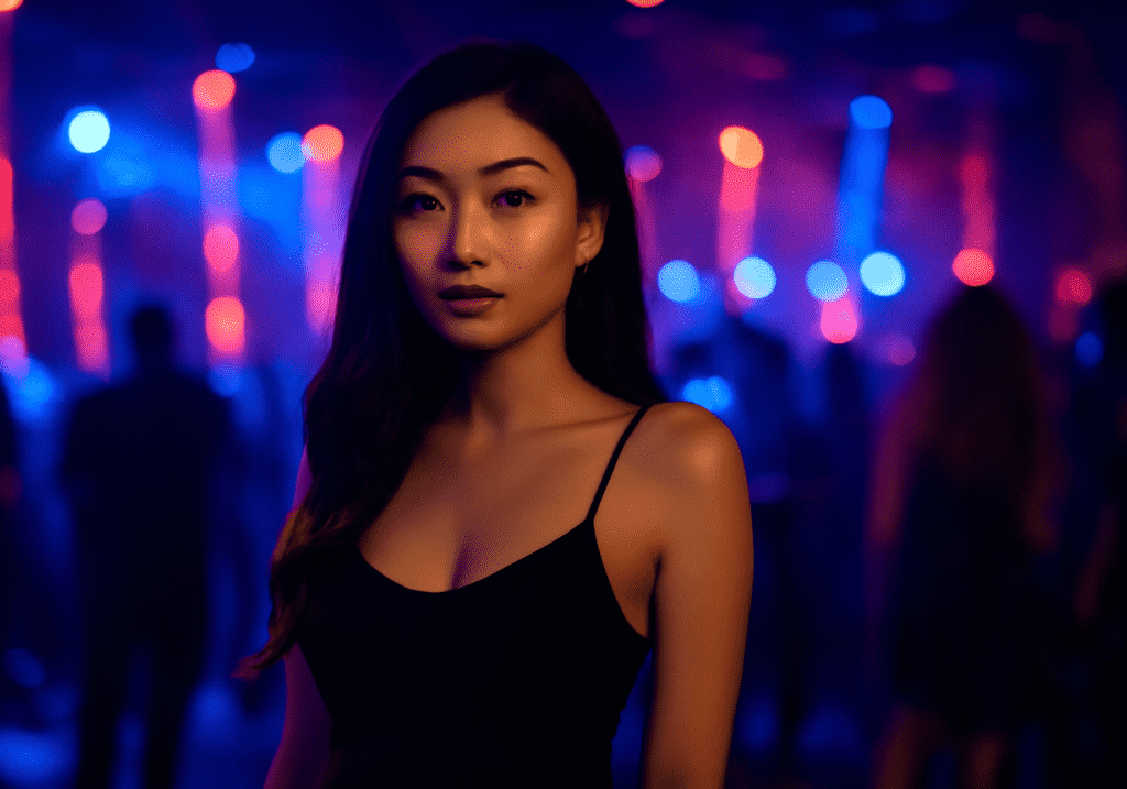 Young woman in black dress at a nightclub
