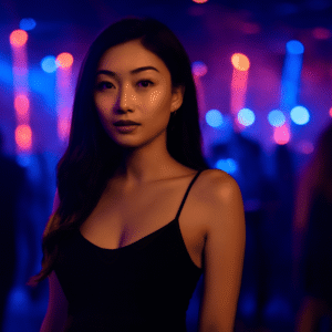 Young woman in black dress at a nightclub