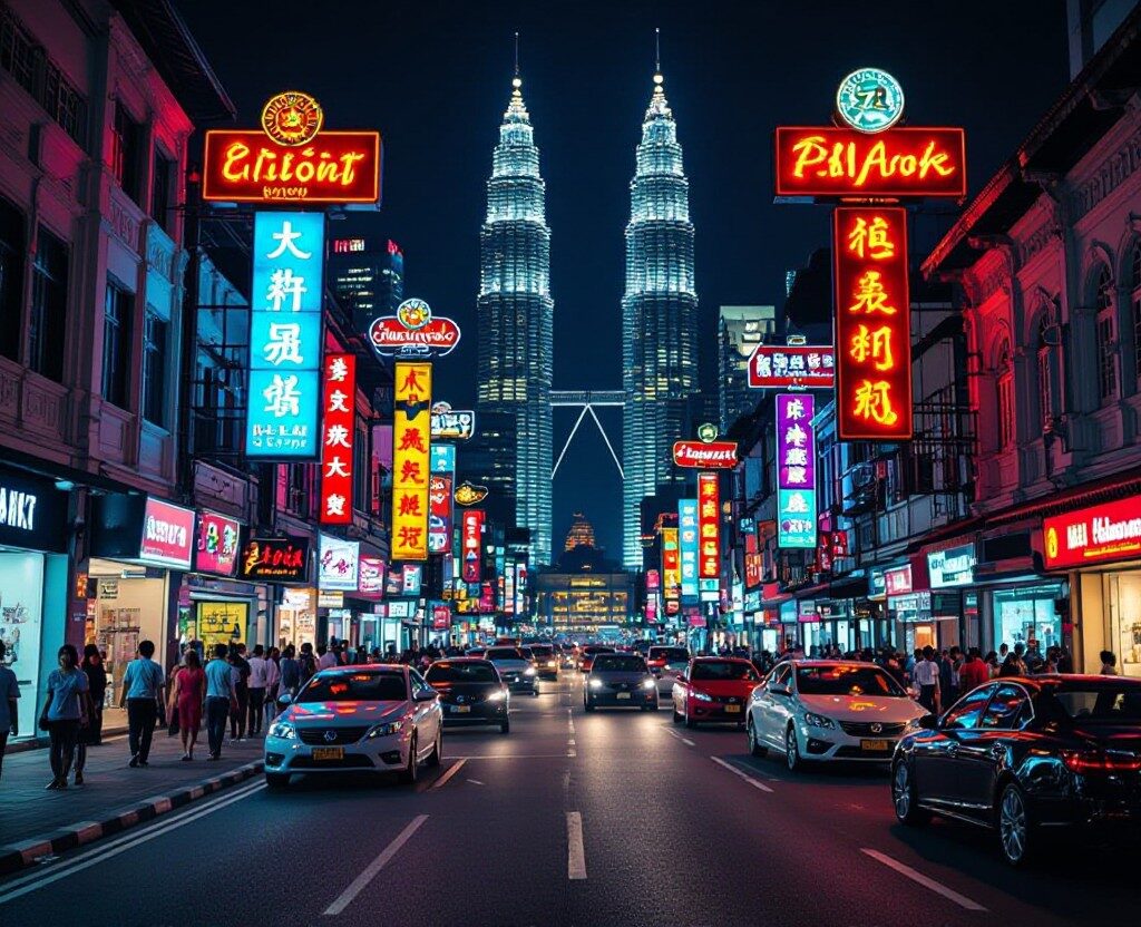 Kuala Lumpur street at night with Petronas Towers in background
