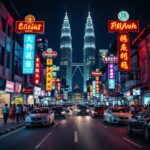 Kuala Lumpur street at night with Petronas Towers in background