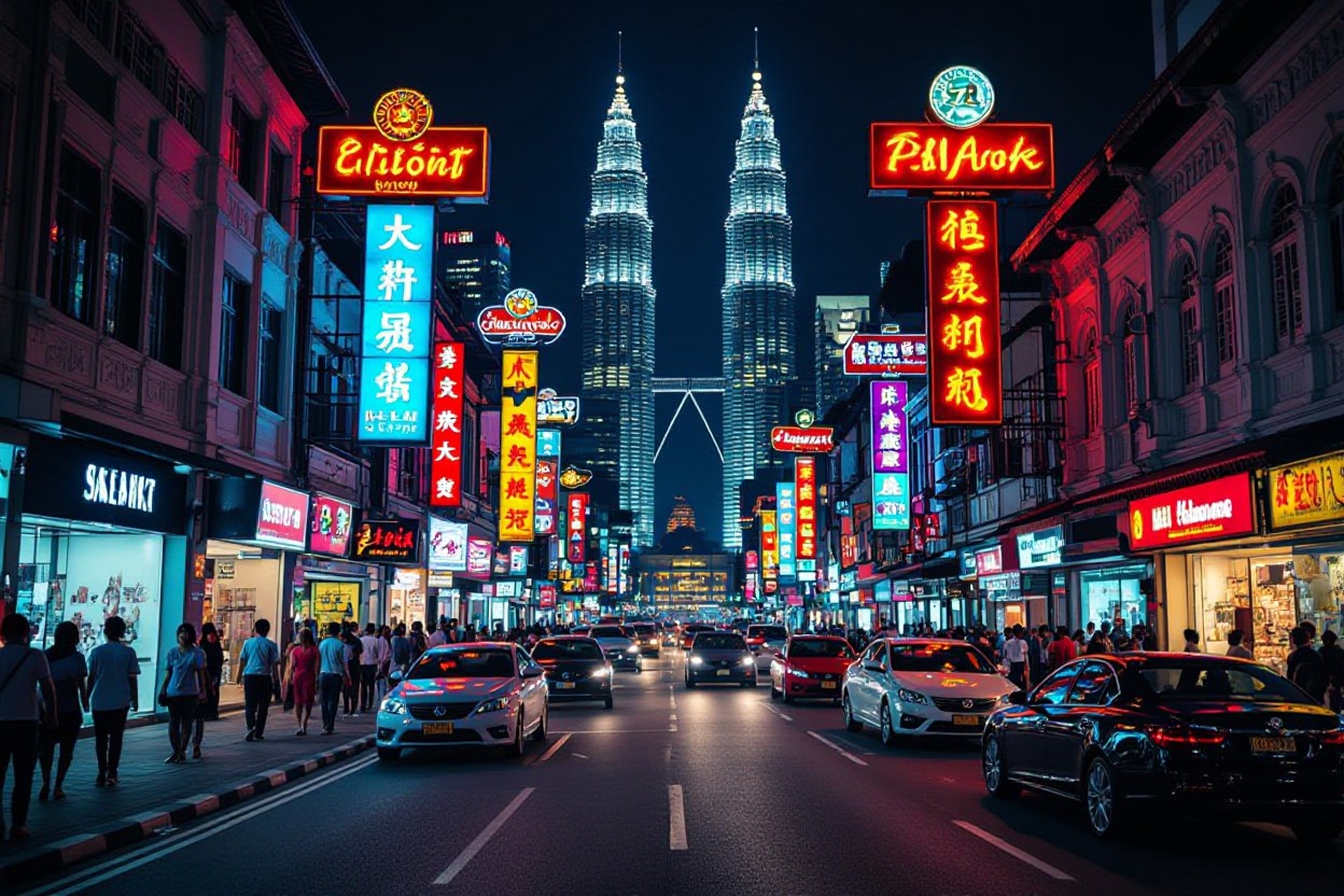 Kuala Lumpur street at night with Petronas Towers in background