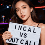 Asian woman holding a sign that says "Incall vs Outcall," promoting outcall escort services in KL.
