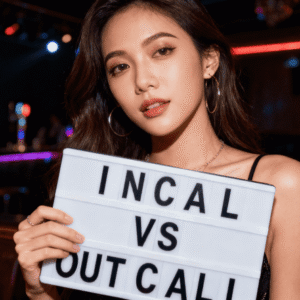 Asian woman holding a sign that says "Incall vs Outcall," promoting outcall escort services in KL.