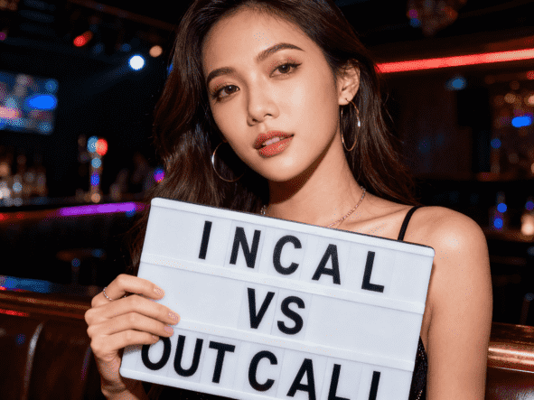 Asian woman holding a sign that says "Incall vs Outcall," promoting outcall escort services in KL.