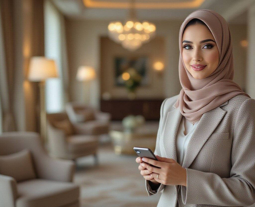 Businesswoman in hijab holding phone in a luxurious hotel suite