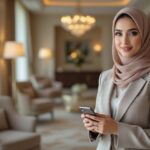Businesswoman in hijab holding phone in a luxurious hotel suite