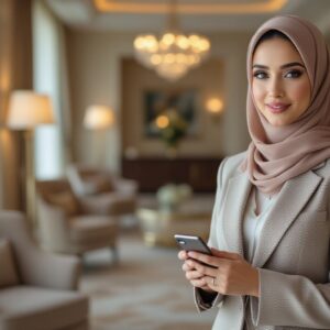 Businesswoman in hijab holding phone in a luxurious hotel suite