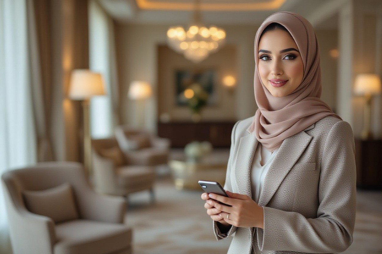 Businesswoman in hijab holding phone in a luxurious hotel suite