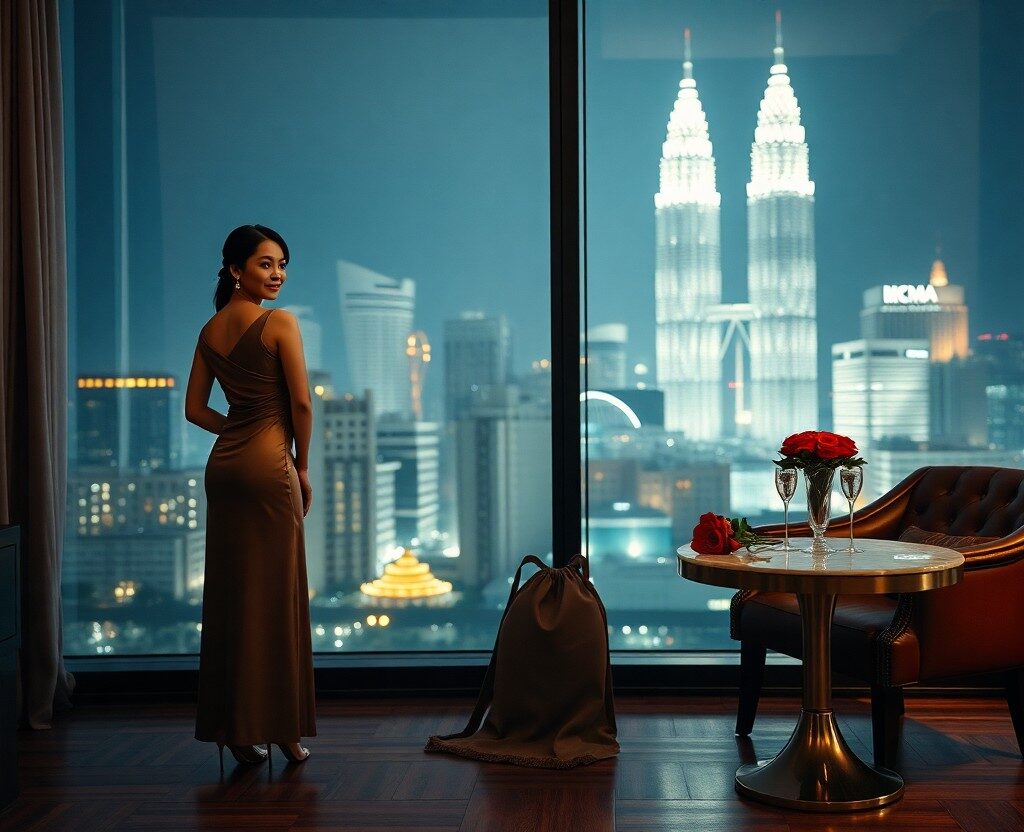 Woman in evening gown overlooking Kuala Lumpur cityscape with Petronas Towers. Romantic setting.