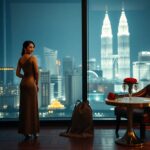 Woman in evening gown overlooking Kuala Lumpur cityscape with Petronas Towers. Romantic setting.