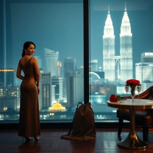 Woman in evening gown overlooking Kuala Lumpur cityscape with Petronas Towers. Romantic setting.