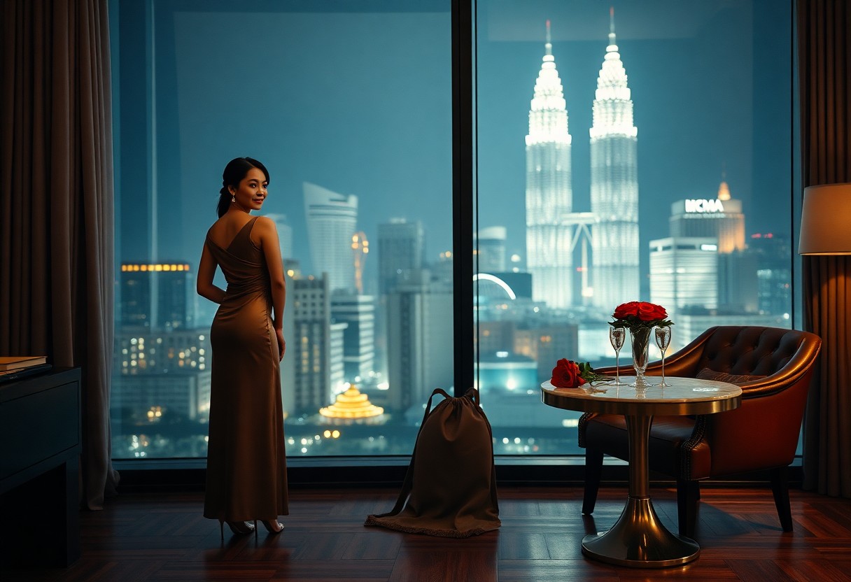 Woman in evening gown overlooking Kuala Lumpur cityscape with Petronas Towers. Romantic setting.