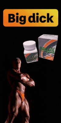 Tadalafil pills with bodybuilder. Text: "Big dick.
