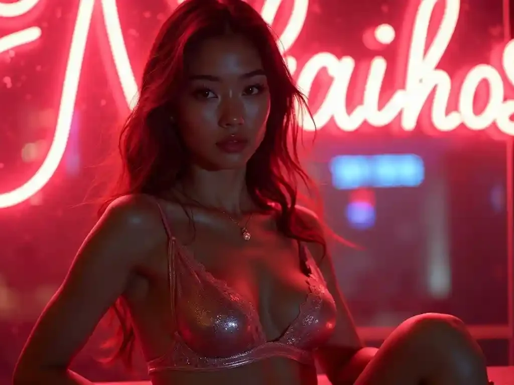 Woman in lingerie posing in front of a neon "Naikos" sign