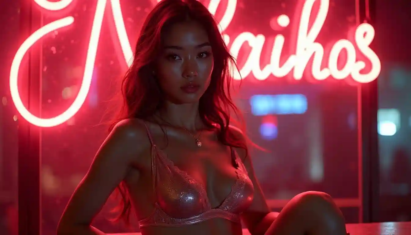 Woman in lingerie posing in front of a neon "Naikos" sign