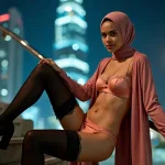 Woman in hijab and lingerie posing on stairs at night with city lights.