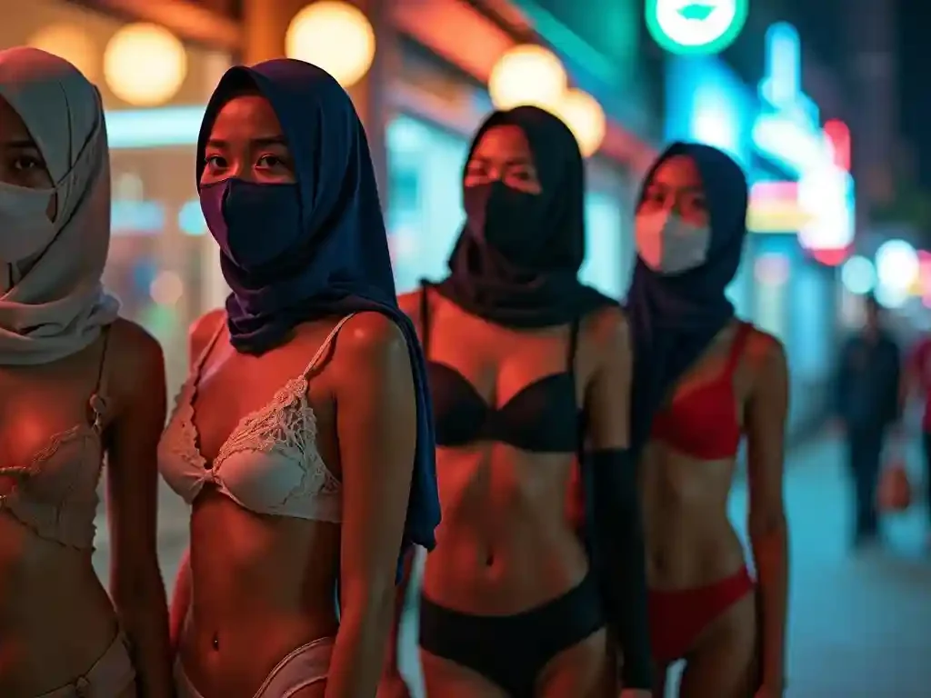 Four women in hijabs and face masks stand on a street at night