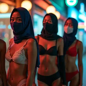 Four women in hijabs and face masks stand on a street at night