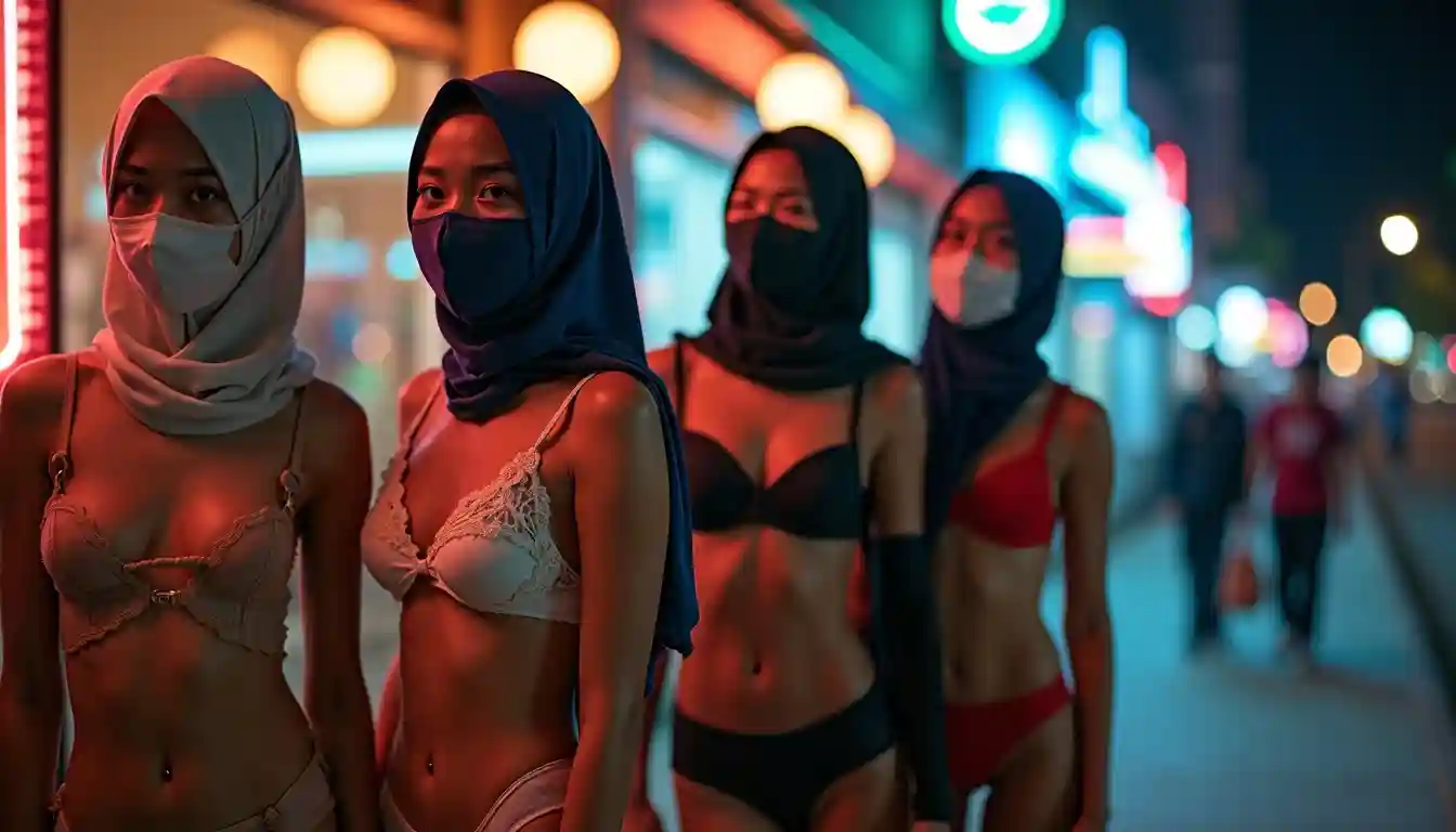 Four women in hijabs and face masks stand on a street at night