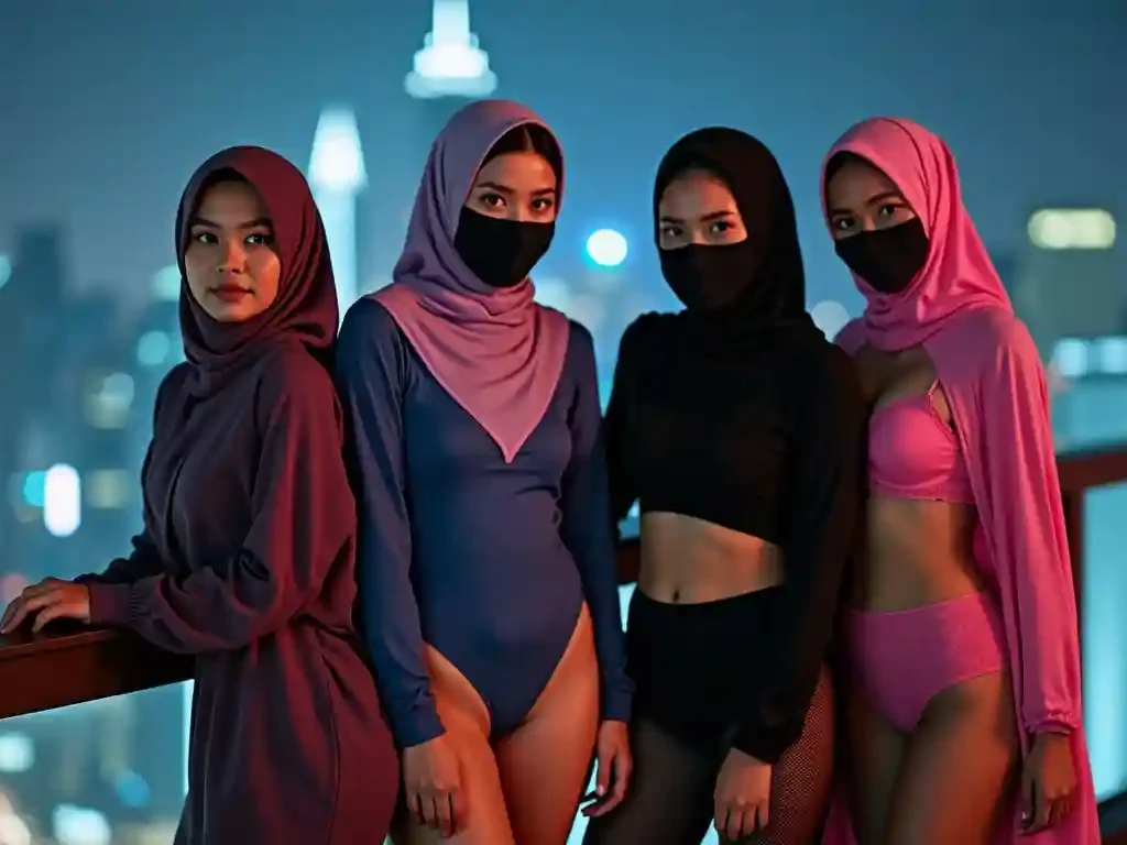 Four women in hijabs and face masks pose against a city skyline at night.