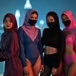 Four women in hijabs and face masks pose against a city skyline at night.