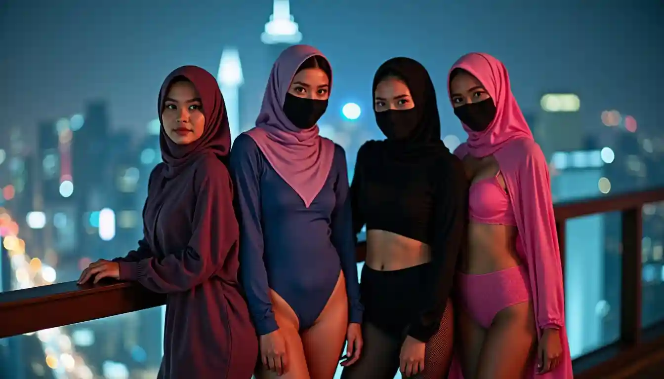 Four women in hijabs and face masks pose against a city skyline at night.