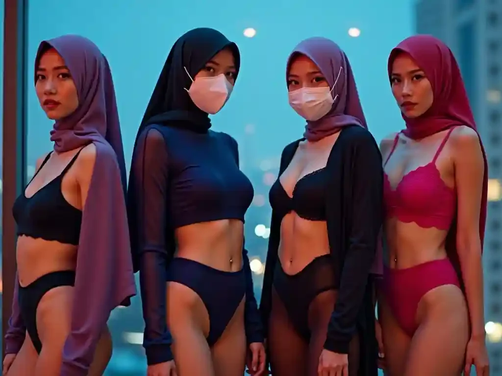 Four women in hijabs and swimwear stand against a city skyline.