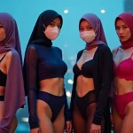 Four women in hijabs and swimwear stand against a city skyline.