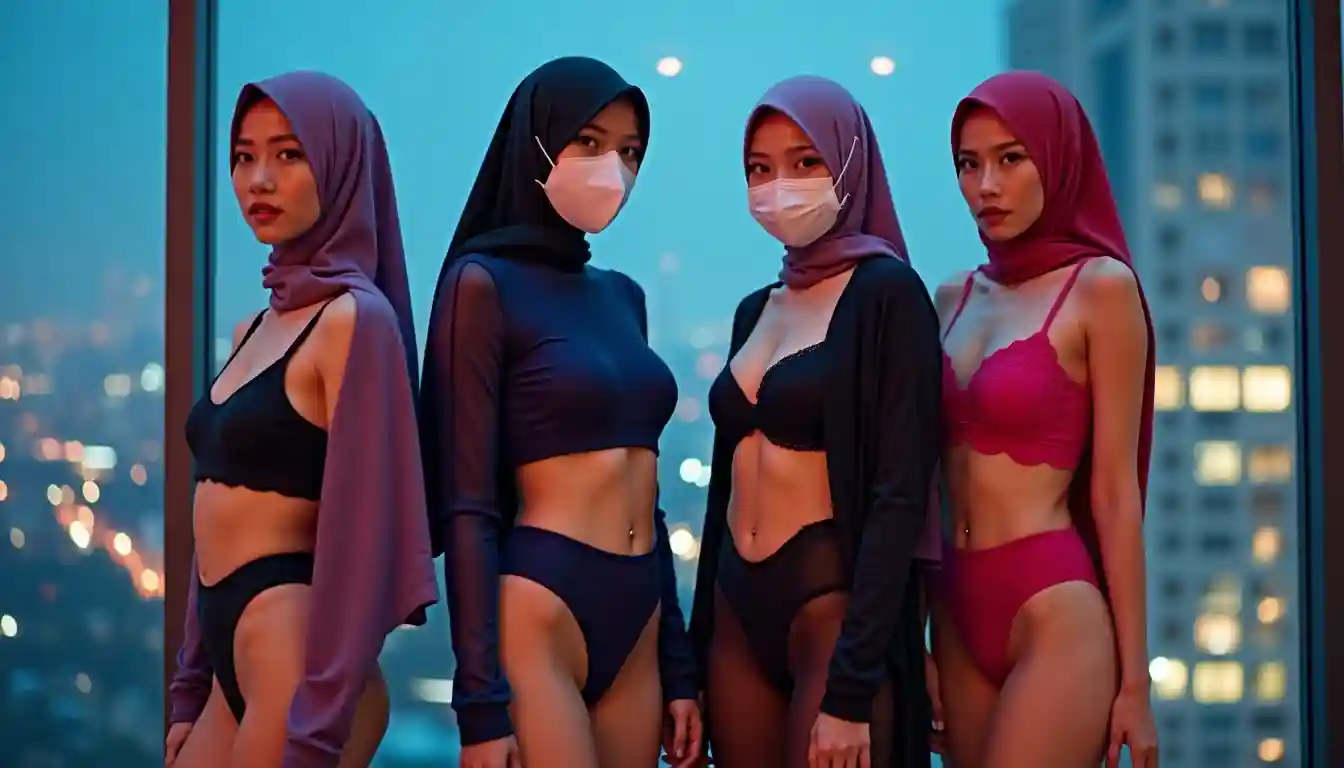 Four women in hijabs and swimwear stand against a city skyline.