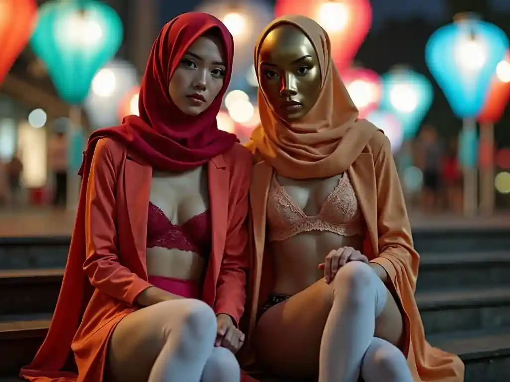 Two women in hijabs and stylish outfits pose outdoors with colorful lanterns in the background.