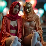 Two women in hijabs and stylish outfits pose outdoors with colorful lanterns in the background.