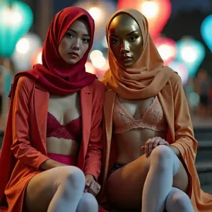 Two women in hijabs and stylish outfits pose outdoors with colorful lanterns in the background.