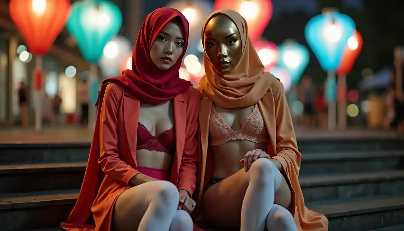 Two women in hijabs and stylish outfits pose outdoors with colorful lanterns in the background.