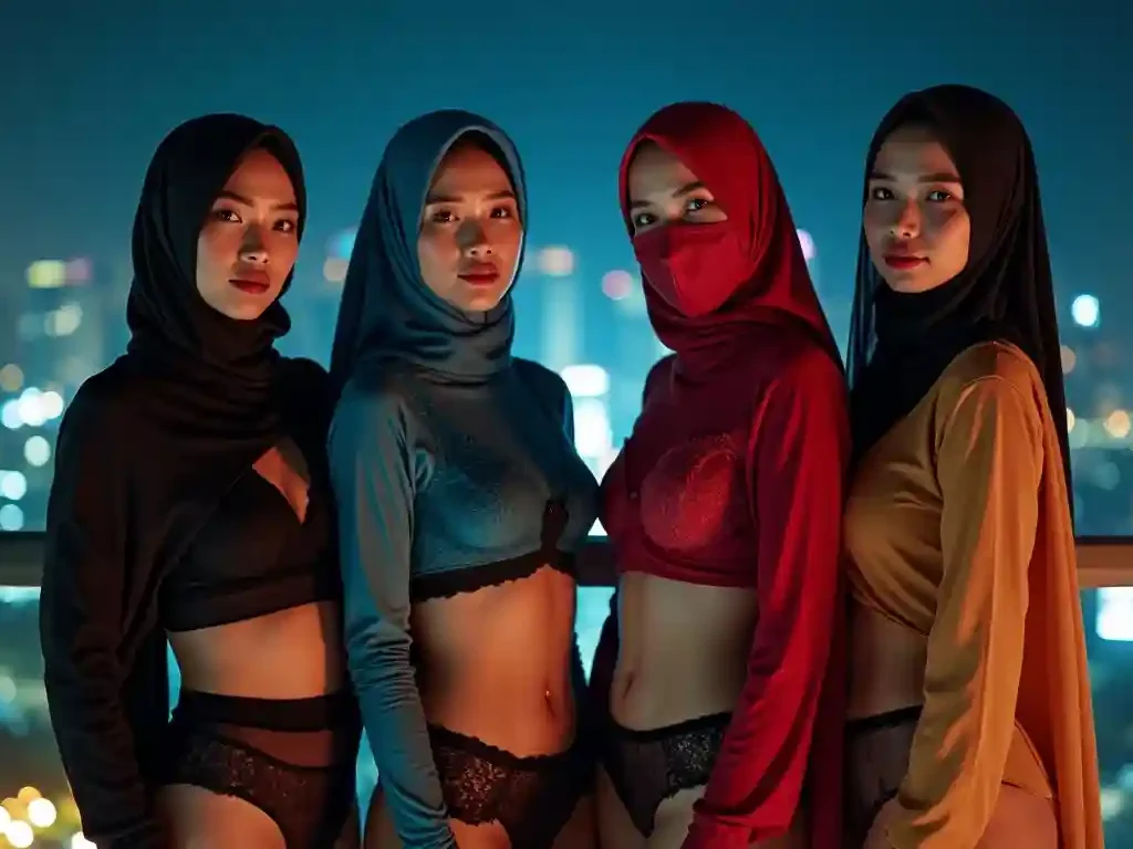 Four women in hijabs and lingerie pose with a city skyline at night.