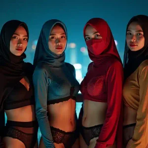 Four women in hijabs and lingerie pose with a city skyline at night.