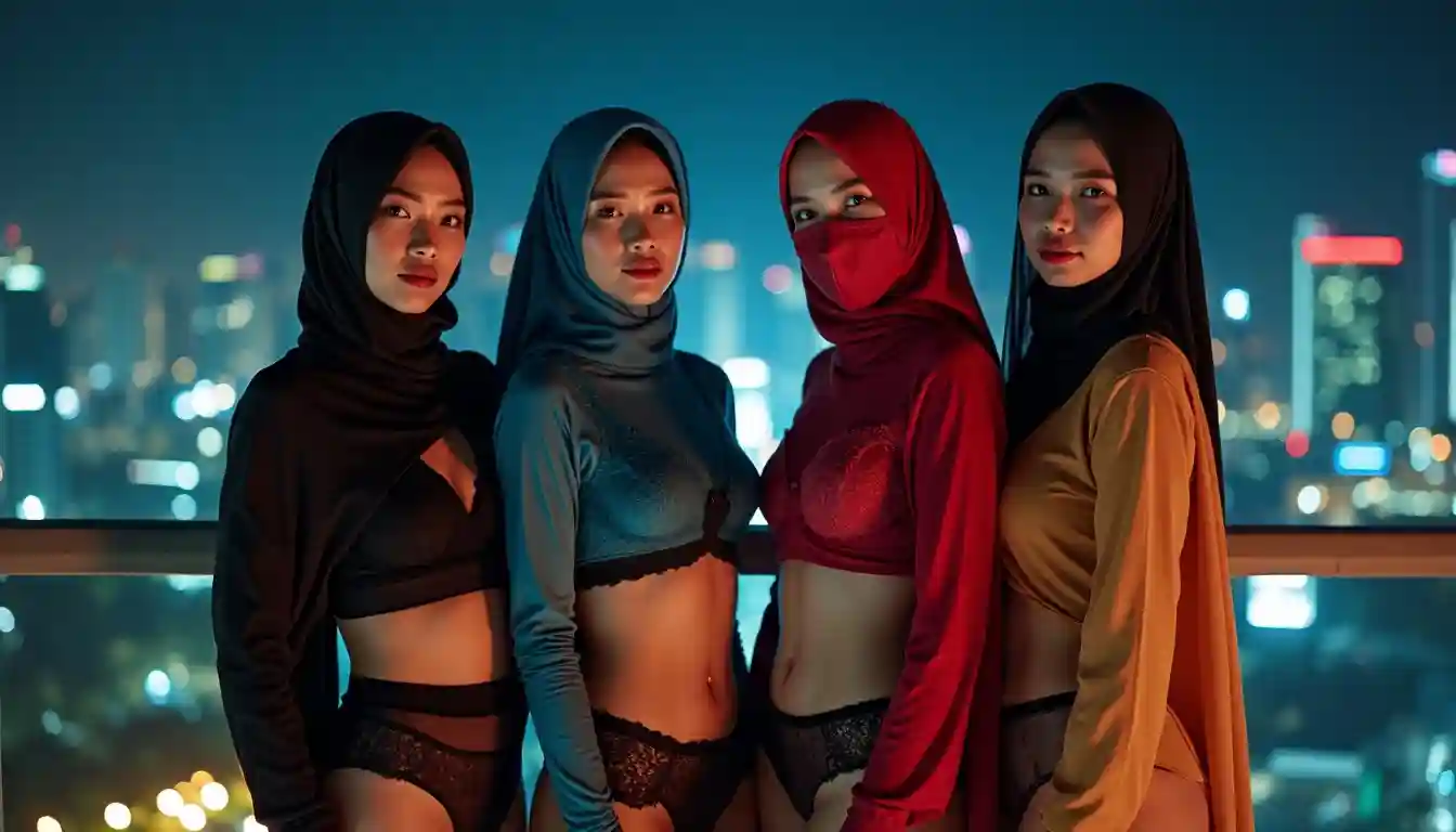 Four women in hijabs and lingerie pose with a city skyline at night.