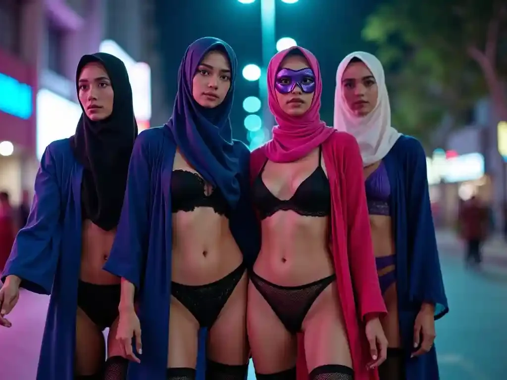 Four women in stylish hijabs and lingerie pose on a vibrant city street at night.