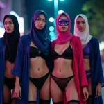 Four women in stylish hijabs and lingerie pose on a vibrant city street at night.