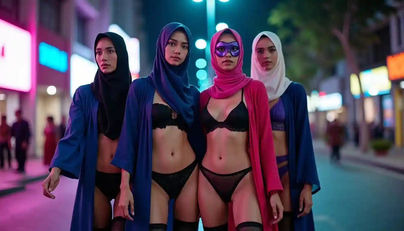 Four women in stylish hijabs and lingerie pose on a vibrant city street at night.