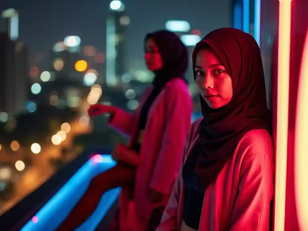Two women in hijabs illuminated by neon lights with a city skyline at night