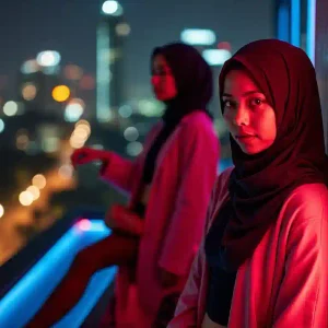 Two women in hijabs illuminated by neon lights with a city skyline at night