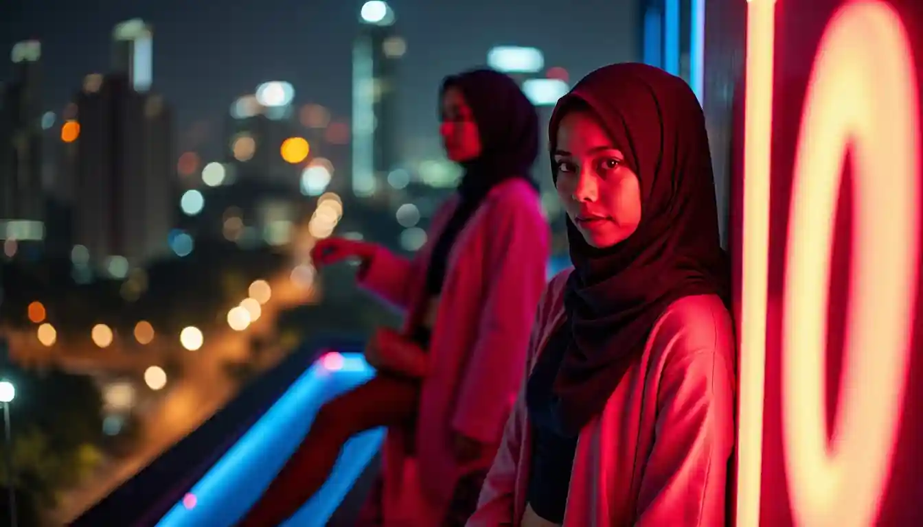 Two women in hijabs illuminated by neon lights with a city skyline at night